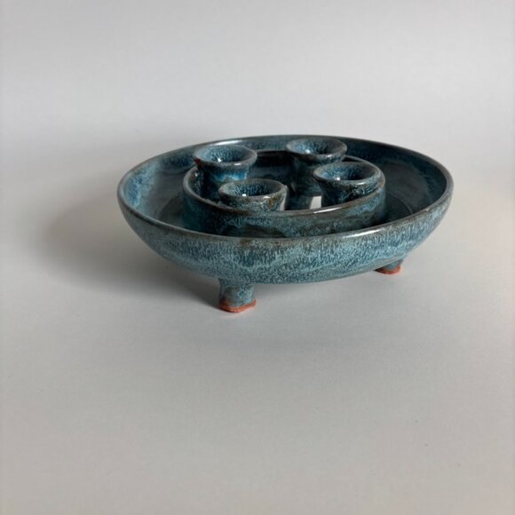 Vintage Handmade Aqua Blue Ceramic 4 Candlestick Holder | Candelabra - Picture 2 of 5